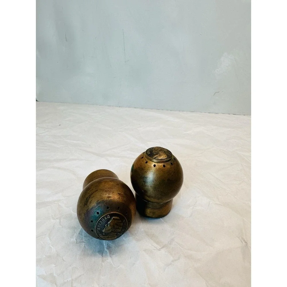 Vintage Copper Patina Salt and Pepper Set Brigham Young Commemorative Coin